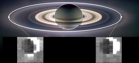 This set of images from NASA's Cassini mission shows how the gravitational pull of Saturn affects the amount of spray coming from jets at the active moon Enceladus. Enceladus has the most spray when it is farthest away from Saturn in its orbit (inset image on the left) and the least spray when it is closest to Saturn (inset image on the right). (Image Credit: NASA/JPL-Caltech/University of Arizona/Cornell/SSI)