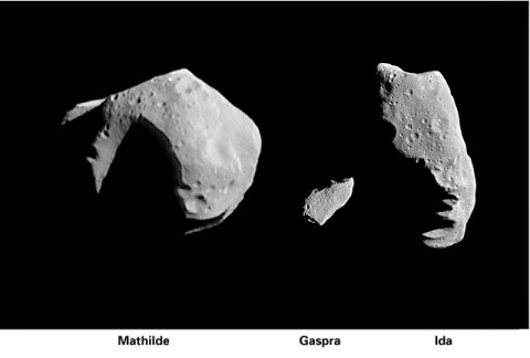 These photos show the relative size of three asteroids that have been imaged at close range by spacecraft. Mathilde (37 x 29 miles) (left) was taken by the NEAR spacecraft on June 27, 1997. Images of the asteroids Gaspra (middle) and Ida (right) were taken by the Galileo spacecraft in 1991 and 1993, respectively. (Image Credit: NASA/JPL/NEAR and Galileo missions)