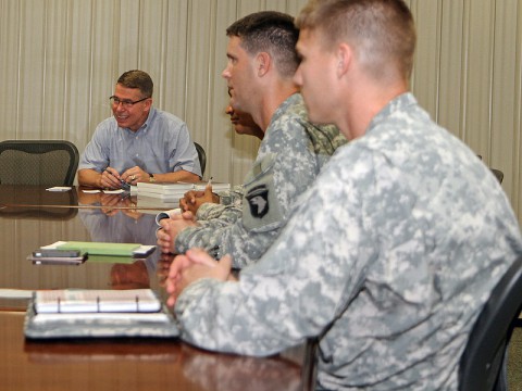 Retired Maj. Gen. Robert F. Dees, former commander of the 3rd Brigade, 101st Airborne Division (Air Assault) and current honorary commander of the 187th Infantry Regiment, visited leaders at the brigade headquarters on Fort Campbell, KY, August 23rd, 2013. (U.S. Army Photo by Spc. Brian Smith-Dutton, 3rd BCT Public Affairs)