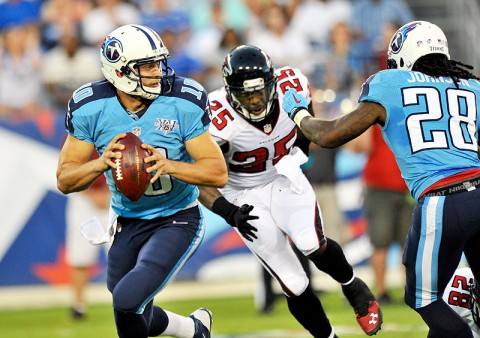 Tennessee Titans quarterback Jake Locker drops back to pass against the Atlanta Falcons. (Don McPeak/USA TODAY Sports)