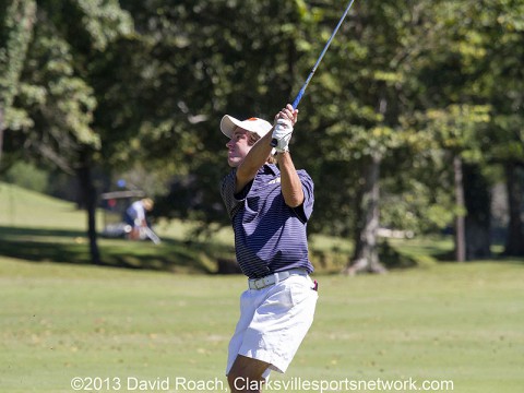 Tyler Guy watches his shot at Swan Lake Golf Course during the final round of the Mann Smith & Cummings Tournament of Champions.