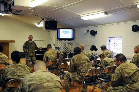 Task Force Lifeliner, 101st Special Troops Battalion Chaplain Jason Price, a native of Clarksville, Tenn., conducts Applied Suicide Intervention Skills Training to soldiers from Camp Phoenix in Kabul, Afghanistan, Sept. 18, 2013. During this training, soldiers learn to respond knowledgeably and competently to soldiers at risk of suicide. (U.S. Army photo by Sgt. Sinthia Rosario, Task Force Lifeliner Public Affairs)