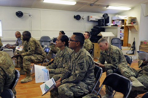 Soldiers from Camp Phoenix in Kabul, Afghanistan, receive Applied Suicide Intervention Skills Training, Sept. 18, 2013. During this training, soldiers learn to respond knowledgeably and competently to soldiers at risk of suicide. Task Force Lifeliner, 101st Special Troops Battalion Chaplain Jason Price, a native of Clarksville, Tenn., was the instructor for this training. (U.S. Army photo by Sgt. Sinthia Rosario, Task Force Lifeliner Public Affairs)