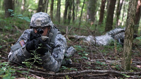 Pfc. Nicholas Conzachi, a cavalry scout assigned to Troop B, 1st Squadron, 33rd Cavalry Regiment, 3rd Brigade Combat Team “Rakkasans,” 101st Airborne Division (Air Assault), scans his area for enemy movement during a scout team training exercise at Fort Campbell, Ky., Sept. 5, 2013.  (U.S. Army Photo by Spc. Brian Smith-Dutton, 3/101 Public Affairs)