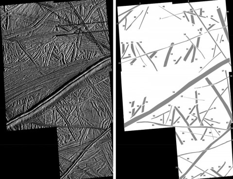 This close-up of the Bright Plains region near the equator of Jupiter's moon Europa obtained by NASA's Galileo mission reveals layer upon layer of cracks (left). By interpreting the directions of the long, straight cracks called lineaments (right), NASA scientists determined that Europa probably rotated around a tilted axis at some point. (NASA/JPL-Caltech/University of Arizona/GSFC) This close-up of the Bright Plains region near the equator of Jupiter's moon Europa obtained by NASA's Galileo mission reveals layer upon layer of cracks (left). By interpreting the directions of the long, straight cracks called lineaments (right), NASA scientists determined that Europa probably rotated around a tilted axis at some point. (NASA/JPL-Caltech/University of Arizona/GSFC)