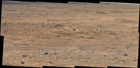 An outcrop visible as light-toned streaks in the lower center of this image has been chosen as a place for NASA's Mars rover Curiosity to study for a few days in September 2013. (NASA/JPL-Caltech/MSSS)