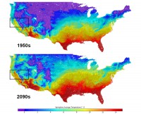 Top figure shows the average temperatures for springtime in 1950 across the United States, compared to the lower figure’s projected average temperatures for the same season in 2099. Area in black boxes are enlarged below. (NASA)