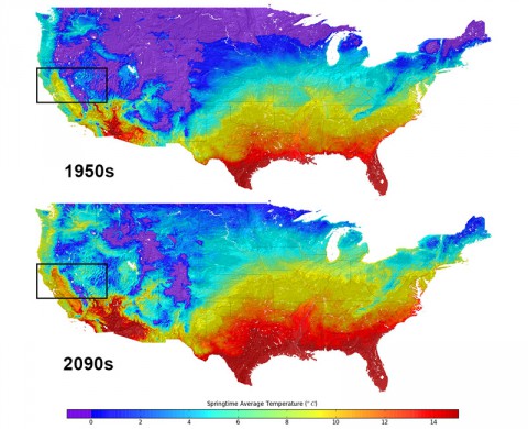 Top figure shows the average temperatures for springtime in 1950 across the United States, compared to the lower figure's projected average temperatures for the same season in 2099. Area in black boxes are enlarged below. (NASA)