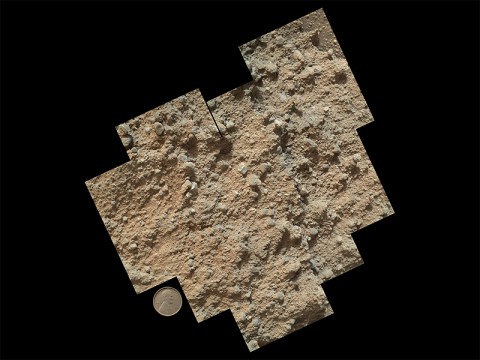 This mosaic of nine images, taken by the Mars Hand Lens Imager (MAHLI) camera on NASA's Mars rover Curiosity, shows detailed texture in a conglomerate rock bearing small pebbles and sand-size particles. (NASA/JPL-Caltech/MSSS)