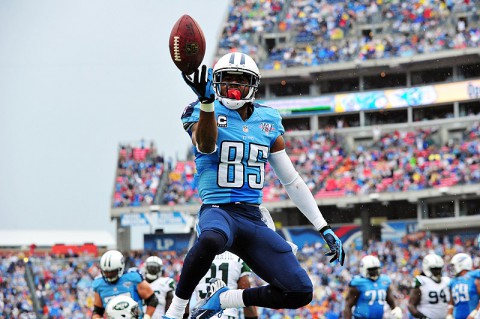 Tennessee Titans wide receiver Nate Washington (85) celebrates in the end zone after scoring a touchdown against the New York Jets during the first half at LP Field. (Don McPeak-USA TODAY Sports)