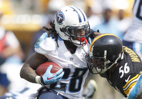 Tennessee Titans running back Chris Johnson (28) carries the ball as Pittsburgh Steelers outside linebacker LaMarr Woodley (56) defends during the third quarter at Heinz Field. The Tennessee Titans won 16-9. (Charles LeClaire - USA TODAY Sports)