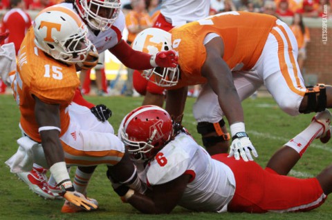 Malcolm Goines APSU Football makes a tackle against Tennessee. (APSU Sports Information)