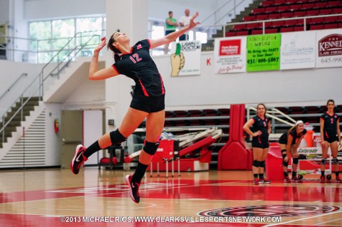 Senior middle blocker Lauren Henderson led Austin Peay Women's Volleyball with eight kills and added five blocks, Saturday, in a victory against the UT Martin Skyhawks. Senior middle blocker Lauren Henderson led Austin Peay Women's Volleyball with eight kills and added five blocks, Saturday, in a victory against the UT Martin Skyhawks.