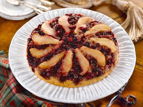 Cranberry Pear Upside-Down Almond Cake