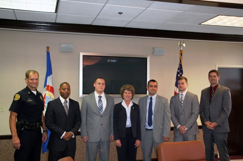 Left to Right: Chief Al Ansley, Terrance Jackson, Castin Lanham, Mayor Kim McMillan, Michael Blackwell, Matthew Drudy, and Michael Hackney.