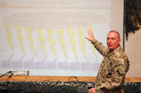 Lt. Col. Derek G. Bean, a native of Charleston, S.C., and commander of the 101st Special Troops Battalion, 101st Sustainment Brigade, 101st Airborne Division (Air Assault), briefs postal professionals from across Afghanistan, during the 2013 Theater Postal Conference hosted by Task Force Lifeliner, Oct. 19, 2013, at Bagram Air Field, Parwan province, Afghanistan. This conference gives the postal workers the opportunity to address postal operations, finances, planning or issues that can affect daily operations. (Sgt. Sinthia Rosario, Task Force Lifeliner Public Affairs)