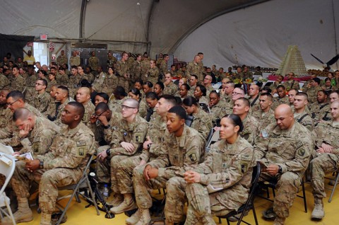 Service members and civilians celebrate National Hispanic Heritage, Oct. 11, 2013, at Bagram Air Field, Parwan province, Afghanistan. This event not only helps the Hispanic community to retain their traditions but also educates the Hispanic culture to other people from different nationalities. Task Force Lifeliner hosted this event. The guest speaker of the night was 1st Theater Sustainment Command Chief of Staff Col. Robert M. Villalobos was the guest speaker. (U.S. Army photo by Sgt. Sinthia Rosario)