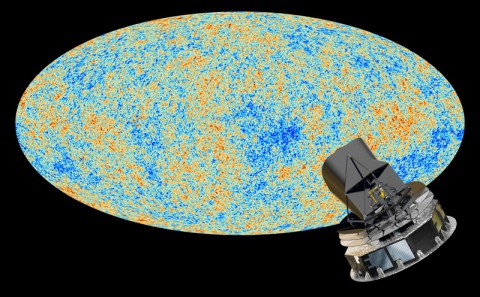 The oldest light in the universe, called the cosmic microwave background, as observed by the Planck space telescope is shown in the oval sky map. An artist's concept of Planck is next to the map. (ESA and the Planck Collaboration - D. Ducros)