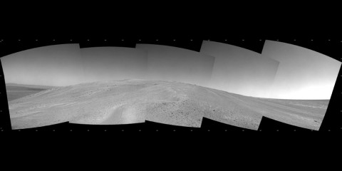 NASA's Mars Exploration Rover Opportunity captured this southward uphill view after beginning to ascend the northwestern slope of "Solander Point" on the western rim of Endeavour Crater. (NASA/JPL-Caltech) NASA's Mars Exploration Rover Opportunity captured this southward uphill view after beginning to ascend the northwestern slope of "Solander Point" on the western rim of Endeavour Crater. (NASA/JPL-Caltech)