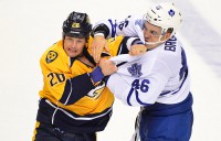 Nashville Predators center Matt Hendricks (26) fights with Toronto Maple Leafs left wing David Broll (46) during the second period at Bridgestone Arena. (Don McPeak-USA TODAY Sports)