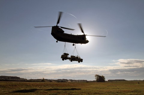 The second of four AN/MPQ-64A Sentinel radars and its Humvee from Battery C, 2nd Battalion, 44th Air Defense Artillery Regiment, 101st Sustainment Brigade, 101st Airborne Division (Air Assault), flies to its objective during an air assault training exercise Oct. 22 at Fort Campbell, Ky.  (U.S. Army Photo by Sgt. Leejay Lockhart, 101st Sustainment Brigade Public Affairs)