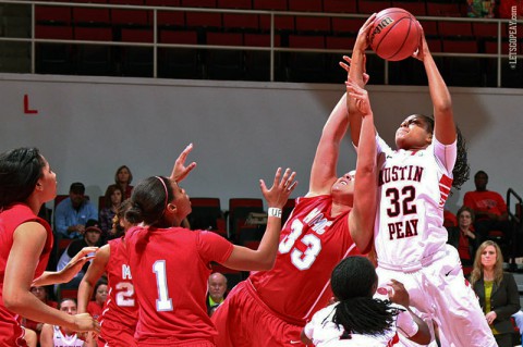 Sophomore Alexis Hardaway notched her first career double-double in the Lady Govs win at SIU, Tuesday. (Brittney Sparn/APSU Sports Information)