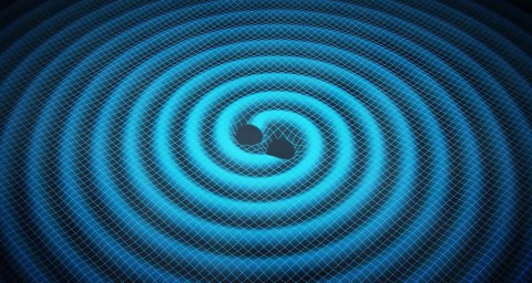 Merging black holes ripple space and time in this artist's concept. Pulsar-timing arrays -- networks of the pulsing cores of dead stars -- are one strategy for detecting these ripples, or gravitational waves, thought to be generated when two supermassive black holes merge into one. (Swinburne Astronomy Productions)