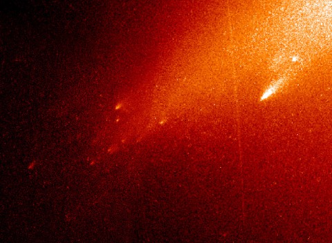 The breakup of Comet LINEAR (D/1999 S4) as viewed by Hubble Space Telescope in 2000.