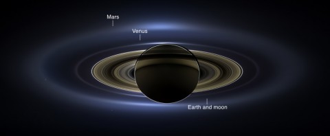 On July 19, 2013, in an event celebrated the world over, NASA's Cassini spacecraft slipped into Saturn's shadow and turned to image the planet, seven of its moons, its inner rings -- and, in the background, our home planet, Earth. (NASA/JPL-Caltech/SSI)