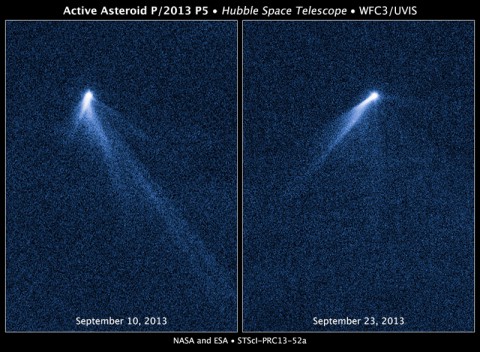 This NASA Hubble Space Telescope set of images reveals a never-before-seen set of six comet-like tails radiating from a body in the asteroid belt, designated P/2013 P5. 