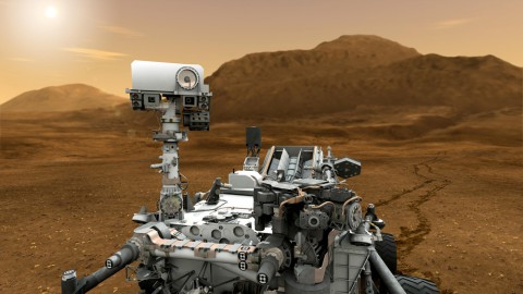 This artist concept features NASA's Mars Science Laboratory Curiosity rover, a mobile robot for investigating Mars' past or present ability to sustain microbial life. (NASA/JPL-Caltech)