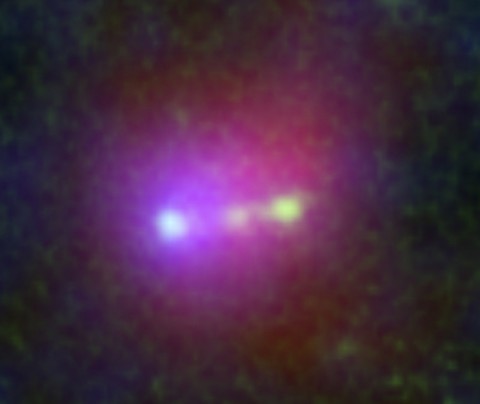 The big blob-like structure shown here, named Himiko after the legendary ancient queen of Japan, turns out to be three galaxies thought to be in the process of merging into one. (NASA/JPL-Caltech/STScI/NAOJ/Subaru)