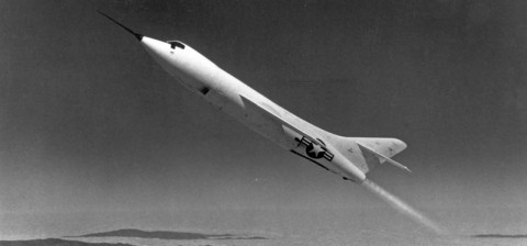 One of the three Douglas Skyrockets rockets upward during a research flight. (NASA) One of the three Douglas Skyrockets rockets upward during a research flight. (NASA)