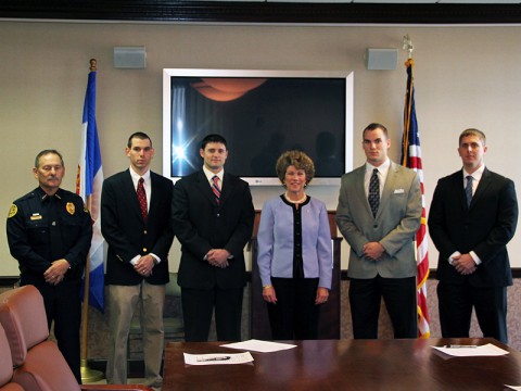 (Left to Right) Deputy Chief Frankie Gray, Daniel Binkley, James Baker, Clarksville Mayor Kim McMillan, Holden Hudgin, and George Goodman III.