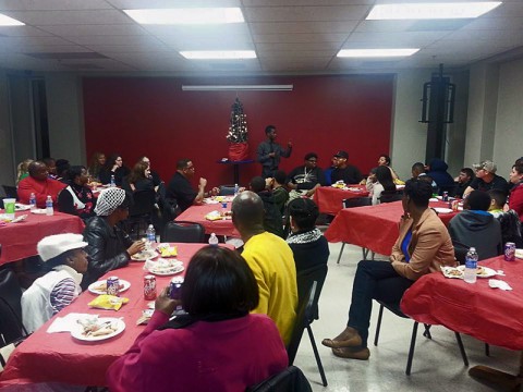  Comedian Deztin “DJ” Pryor talks at the Youth Christmas Party held at the Leap Plaza.