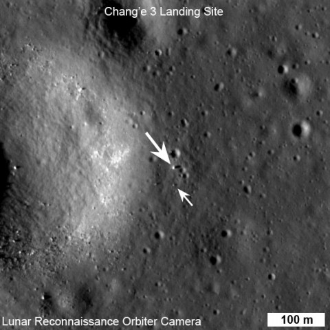 LROC NAC view of the Chang'e 3 lander (large arrow) and rover (small arrow) just before sunset on their first day of lunar exploration. LROC NAC M1142582775R, image width 576 m, north is up. (NASA/GSFC/Arizona State University)