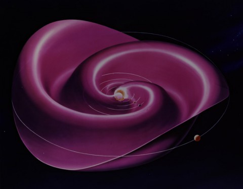 An artist's concept of the heliospheric current sheet, which becomes more wavy when the sun's magnetic field flips. An artist's concept of the heliospheric current sheet, which becomes more wavy when the sun's magnetic field flips.