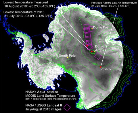 With remote-sensing satellites, scientists have found the coldest places on Earth, just off a ridge in the East Antarctic Plateau. The coldest of the cold temperatures dropped to minus 135.8 F (minus 93.2 C) -- several degrees colder than the previous record. (Ted Scambos, National Snow and Ice Data Center) With remote-sensing satellites, scientists have found the coldest places on Earth, just off a ridge in the East Antarctic Plateau. The coldest of the cold temperatures dropped to minus 135.8 F (minus 93.2 C) -- several degrees colder than the previous record. (Ted Scambos, National Snow and Ice Data Center)