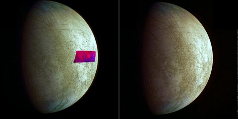 This image, using data from NASA's Galileo mission, shows the first detection of clay-like minerals on the surface of Jupiter's moon Europa. (NASA/JPL-Caltech/SETI)