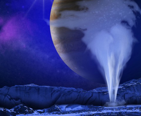 This is an artist's concept of a plume of water vapor thought to be ejected off the frigid, icy surface of the Jovian moon Europa, located about 500 million miles (800 million kilometers) from the sun. (NASA/ESA/K. Retherford/SWRI)