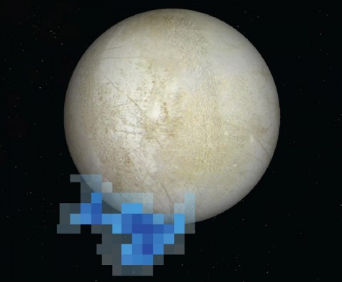 This graphic shows the location of water vapor detected over Europa's south pole in observations taken by NASA's Hubble Space Telescope in December 2012. This is the first strong evidence of water plumes erupting off Europa's surface. (NASA/ESA/L. Roth/SWRI/University of Cologne)