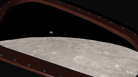 This is a computer-generated visualization of Earth rising over the lunar horizon, as seen from a window in the Apollo 8 spacecraft. (Ernie Wright/NASA Goddard Scientific Visualization Studio)