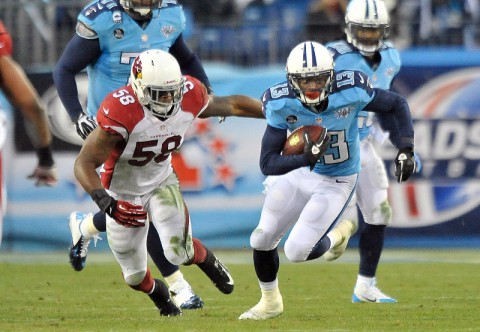 Tennessee Titans wide receiver Kendall Wright (13) rushes against Arizona Cardinals inside linebacker Daryl Washington (58) during the first half at LP Field on December 15th, 2013. (Jim Brown-USA TODAY Sports)