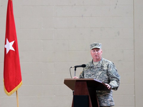 Col. Edward J. O’Neill, commander of the 108th Air Defense Artillery Brigade from Fort Bragg, N.C., speaks during a color casing ceremony for the 2nd Battalion, 44th Air Defense Artillery Regiment, Jan. 10, at Fort Campbell, Ky. The battalion took approximately 80 days to transform from an Avenger battalion to a Counter-Rocket, Artillery, and Mortar unit, with the capability to protect U.S. forces from indirect fire in Afghanistan. (U.S. Army photo by Sgt. Leejay Lockhart, 101st Sustainment Brigade Public Affairs)