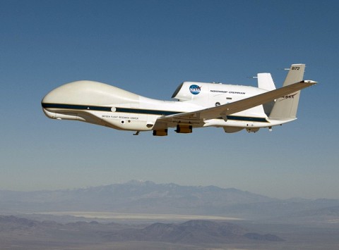 NASA's Global Hawk 872 on a checkout flight from Dryden Flight Research Center, Edwards, CA, in preparation for the 2014 ATTREX mission over the western Pacific Ocean. (NASA/Tom Miller)