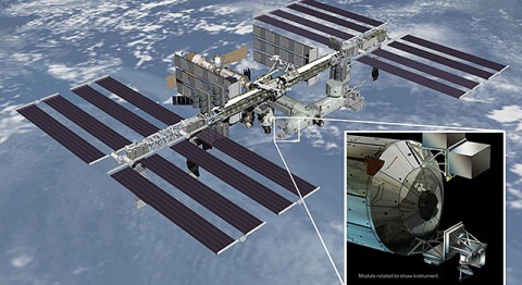 Artist's rendering of NASA's ISS-RapidScat instrument (inset), which will launch to the International Space Station in 2014 to measure ocean surface wind speed and direction and help improve weather forecasts, including hurricane monitoring. (NASA/JPL-Caltech/Johnson Space Center) Artist's rendering of NASA's ISS-RapidScat instrument (inset), which will launch to the International Space Station in 2014 to measure ocean surface wind speed and direction and help improve weather forecasts, including hurricane monitoring. (NASA/JPL-Caltech/Johnson Space Center)