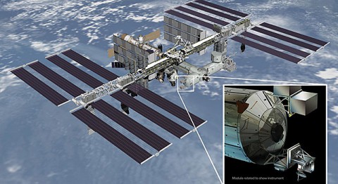 Artist's rendering of NASA's ISS-RapidScat instrument (inset), which will launch to the International Space Station in 2014 to measure ocean surface wind speed and direction and help improve weather forecasts, including hurricane monitoring. (NASA/JPL-Caltech/Johnson Space Center)