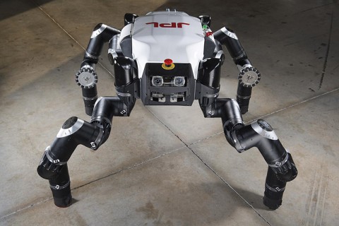 The Jet Propulsion Laboratory's official entry, RoboSimian, awaits the first event at the DARPA Robotics Challenge in December 2013. Also known as "Clyde," the robot is four-footed but can also stand on two feet. It has four general-purpose limbs and hands capable of mobility and manipulation. (JPL-Caltech)