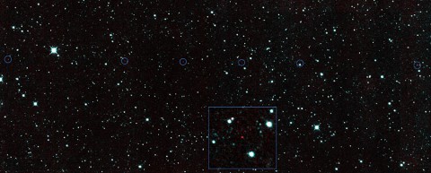 The six red dots in this composite picture indicate the location of the first new near-Earth asteroid seen by NASA's Near-Earth Object Wide-field Infrared Survey Explorer (NEOWISE) since the spacecraft came out of hibernation in December 2013. The asteroid, called 2013 YP139, is the first of hundreds of space-rock discoveries expected during its renewed mission. The inset shows a zoomed-in view of one of the detections of 2013 YP139. (NASA/JPL-Caltech)