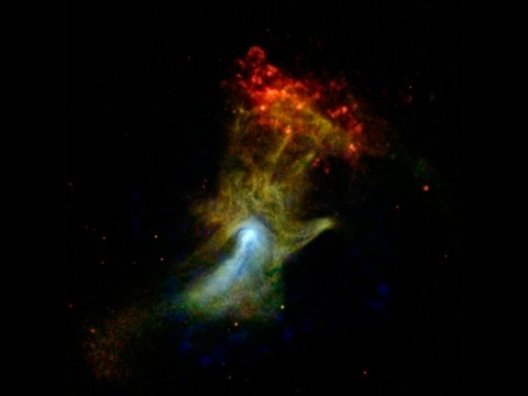 Can you see the shape of a hand in this new X-ray image? The hand might look like an X-ray from the doctor's office, but it is actually a cloud of material ejected from a star that exploded. NASA's Nuclear Spectroscopic Telescope Array, or NuSTAR, has imaged the structure in high-energy X-rays for the first time, shown in blue. Lower-energy X-ray light previously detected by NASA's Chandra X-ray Observatory is shown in green and red. (NASA/JPL-Caltech/McGill)